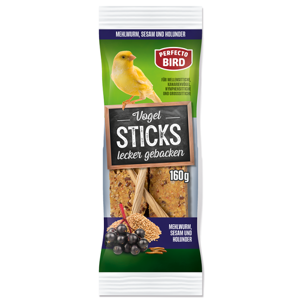 Perfecto Bird Vogel Sticks Mehlwurm, Sesam & Holunder 160g
